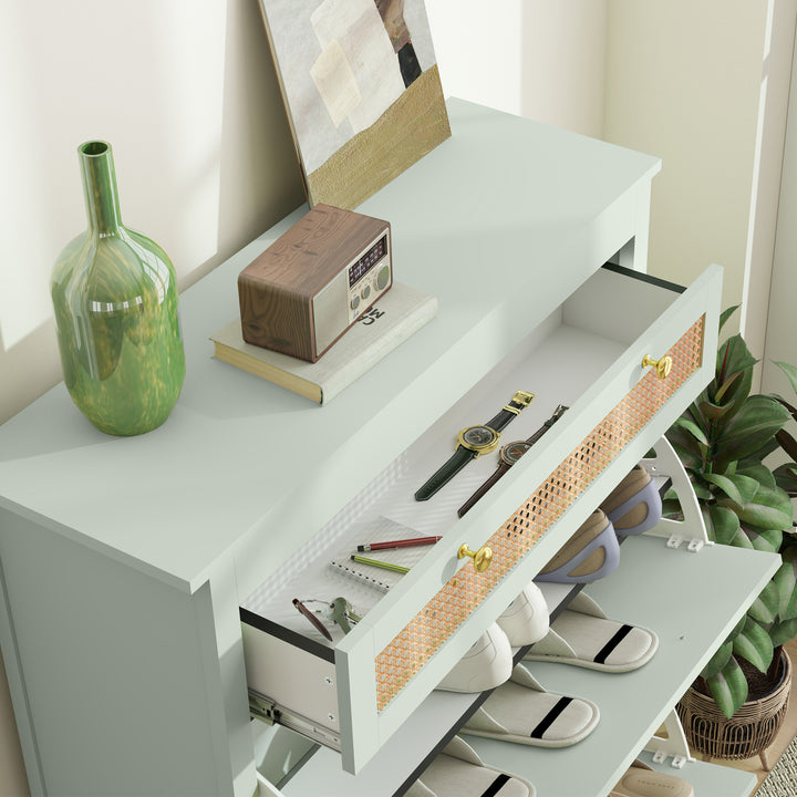 Skoskab til 12 par sko, med 1 udtræksskuffe, 2 vippeskuffer, skokommode, 88 x 30 x 120 cm, grøn