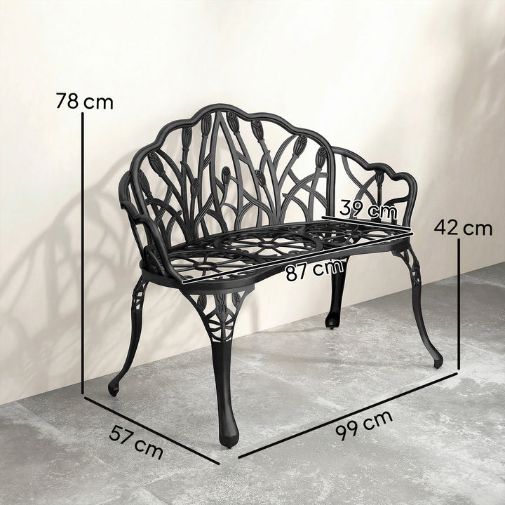 Havebænk, 2-personers, støbt aluminium, vejrbestandig, udendørsbænk med tulipanryglæn, blomstermotiv, 99 x 57 x 78 cm