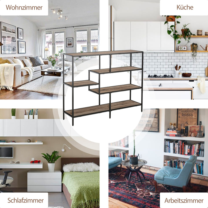 Fritstående hylde, bogreolopbevaringshylde industriel stil, arkivhylde, køkkenhylde, p2 spånplade, metal, sort+lys eg, 120 x 32 x 95 cm