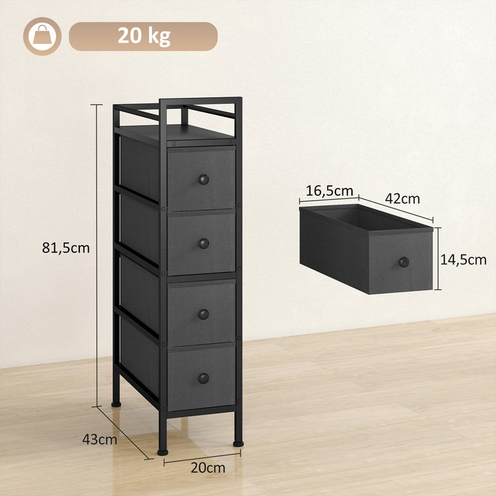 Kommode med 4 skuffer lavet af non-woven stof, opbevaringsskab med stålramme, 20 cm x 43 cm x 81,5 cm, sort