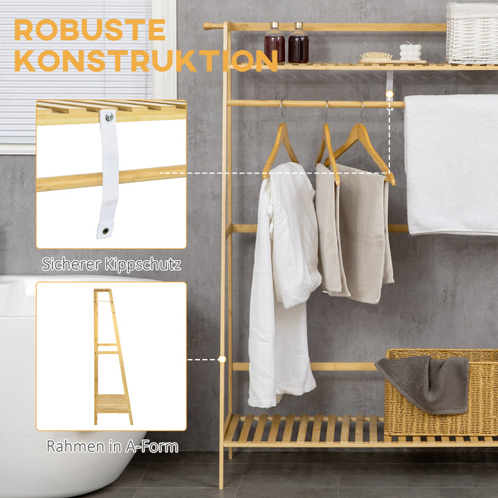 Bambus tøjstativ med 2 knager og tøjstang, 2 hylder, 114 x 40 x 139 cm