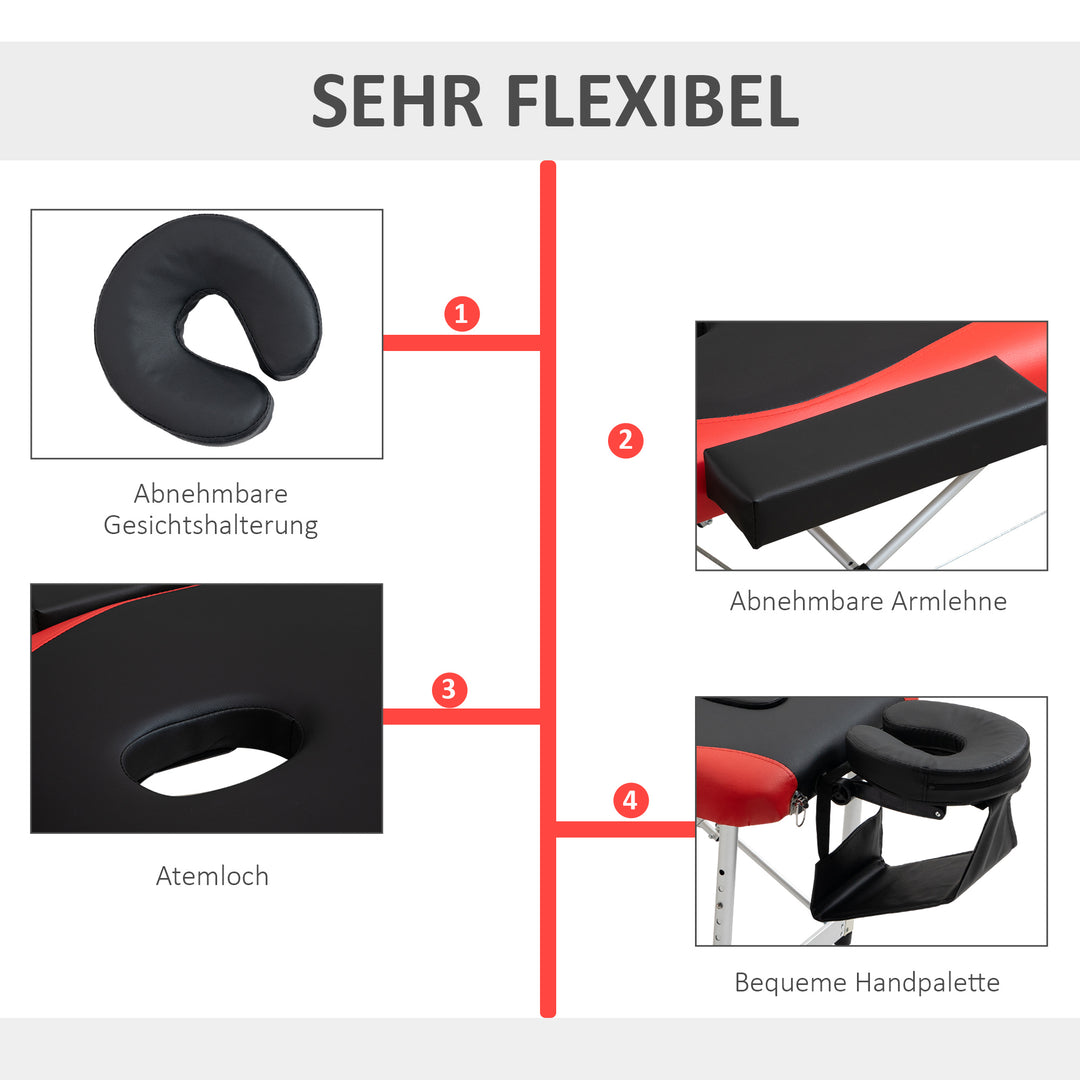 Massagebord, højdejusterbar, aluminium og skumplast sort+rød, 215 x 81 x 61-84 cm