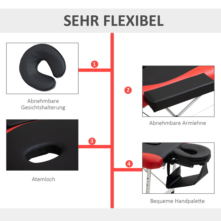 Massagebord, højdejusterbar, aluminium og skumplast sort+rød, 215 x 81 x 61-84 cm