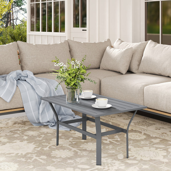 Sidebord metal balkonbord med lameldesign vejrbestandigt sofabord havebord 91,5 x 55 x 45 cm mørkegrå