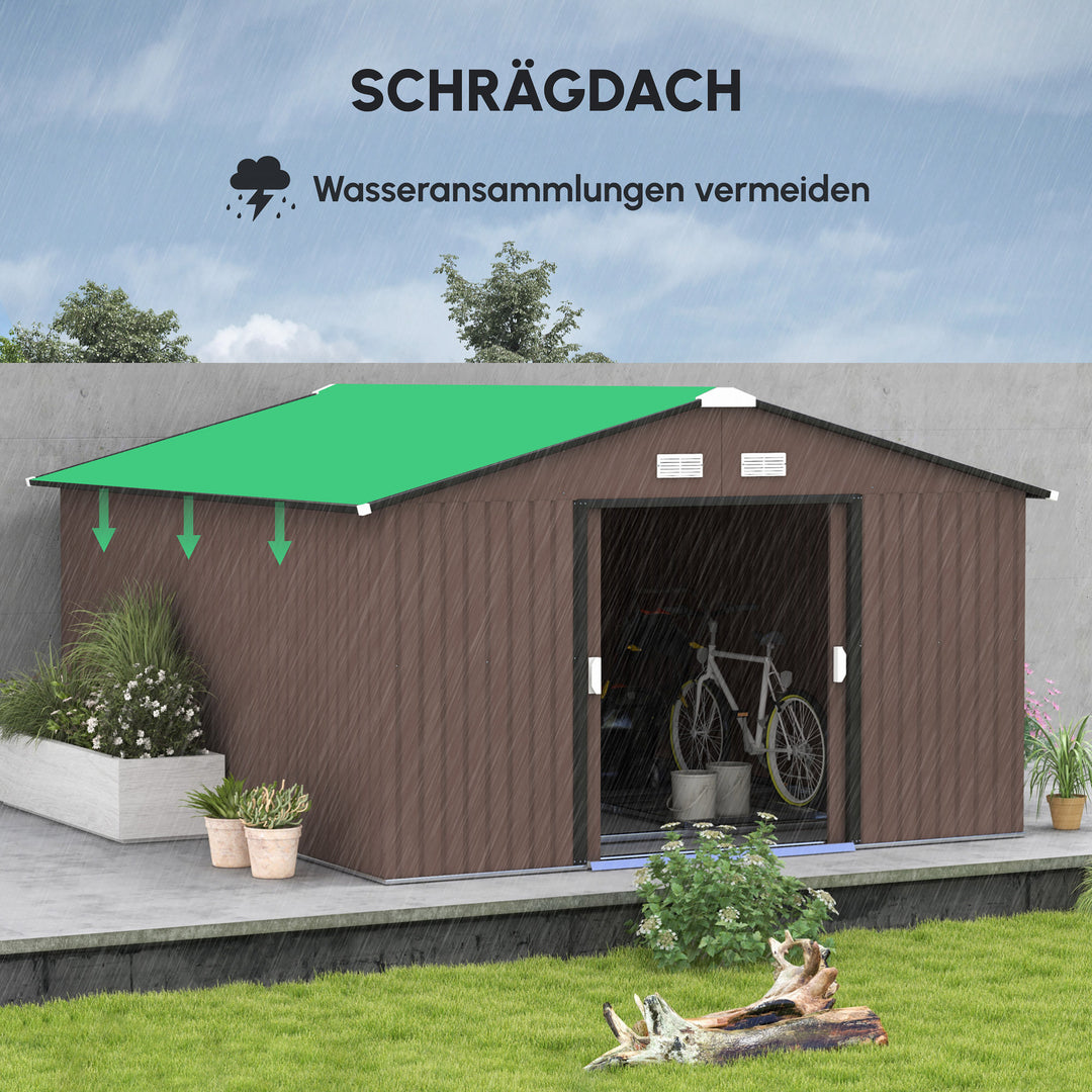 Redskabsskur, vejrbestandigt med ventilationsvinduer og skydedøre, stål, brun