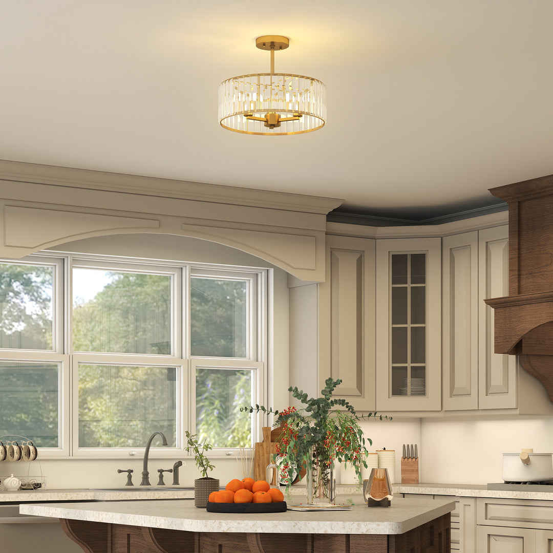 Loftlampe, lysekronedesign, krystalskærm, 3 pærer, metal, guld