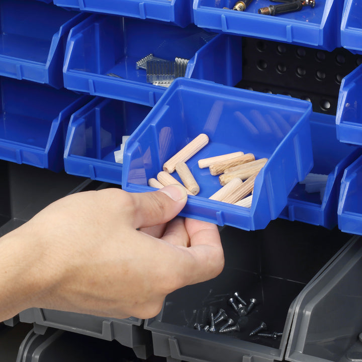 Værkstedsopbevaringsreol, 30 kasser i 2 størrelser, stabelbar, 63 x 18 x 37,5 cm, blå