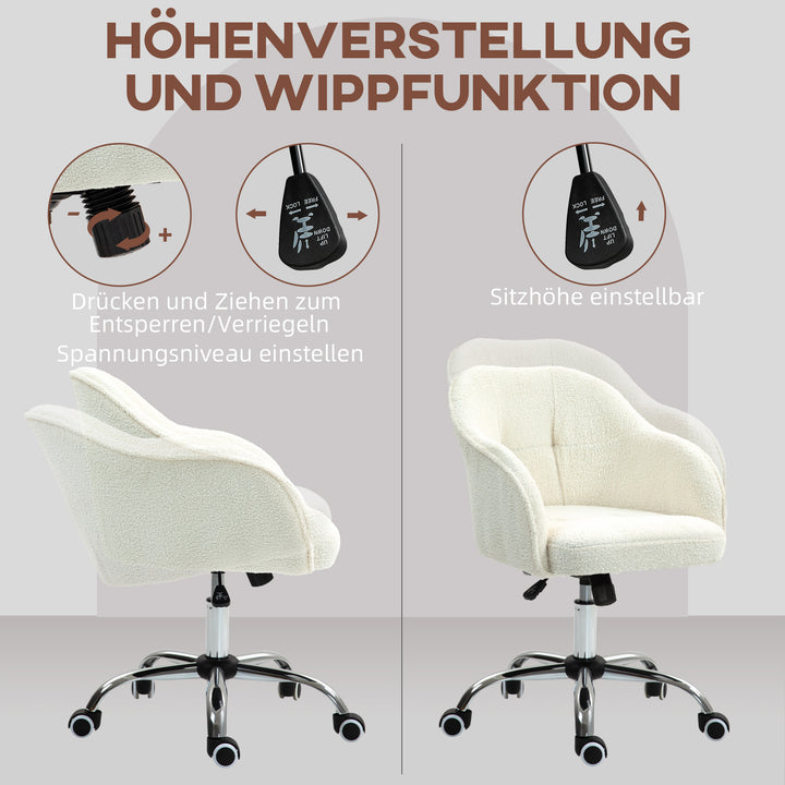 Hjemmekontorstol, ergonomisk skrivebordsstol med vippefunktion, teddy velvet look 56 x 61 x 86 cm cremehvid
