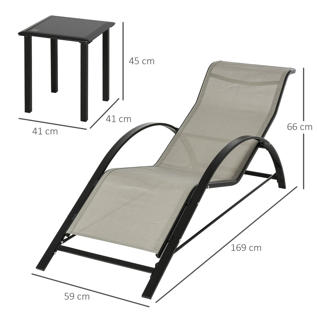 3-delt haveliggestolsæt, 2 liggestole og 1 sidebord, metalstel, grå+sort