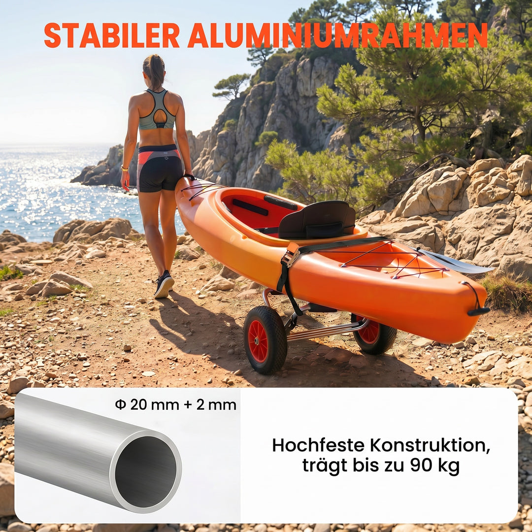 Sammenklappelig kanovogn op til 90 kg, transportvogn i aluminium, kajakvogn, bådvogn med rem, polstrede hjul, surfvogn, kanovogn, bådtrailer, vogn til surfbræt, bræt, oppustelig båd