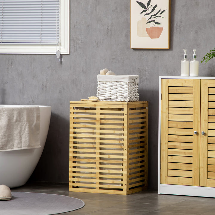 Bambus vasketøjskurv med 63 l vasketøjsopsamler med låg vasketøjspose, stang 44 x 37 x 62,5 cm naturtræ