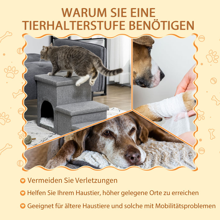 Hundetrappe, 3 trin, 40,5 cm høj, kæledyrstrappe med hule, hynde, opbevaringsplads, kattetrappe til små hunde, hundelarampe med vaskbart betræk, adgangshjælp til seng, sofa, divan og bil, lysegrå