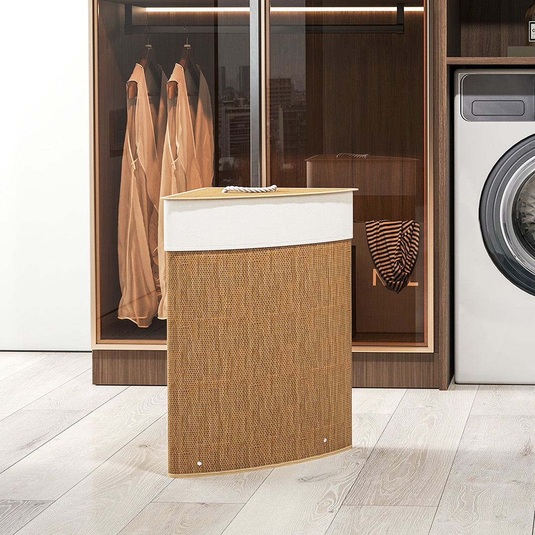 Hjørnevasketøjskurv, bambusvævet, 55 liter, stofpose, metalramme, brun