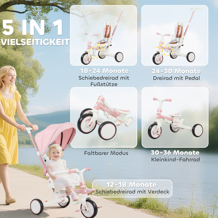 Børnetrecykel, konvertibel babyvogn, 5-i-1 design, aftageligt skubbehåndtag, justerbar, sikkerhedssele, opbevaringstaske, 1-3 år, pink