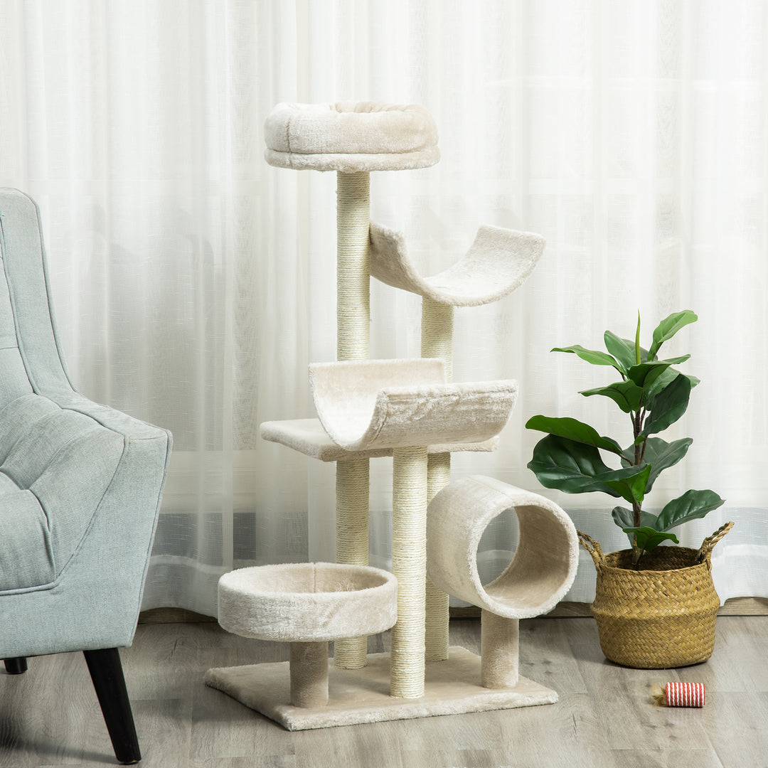 Kradsetræ til katte, klatretræ til katte, kradsetræstunnel, legetøjstunnel, beige l50 x b40 x h105 cm