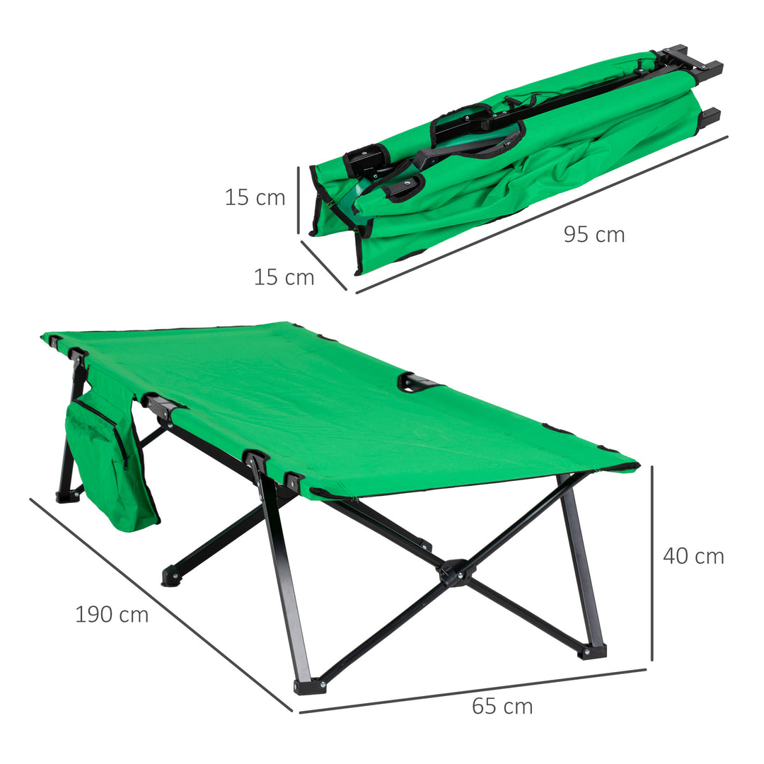 Campingseng, klapseng med sidelomme og kopholder, lasteevne op til 136 kg, stål oxford grøn + sort, 190 x 65 x 40 cm