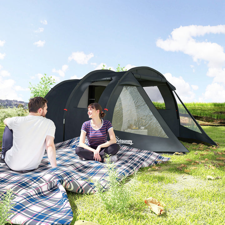 Campingtelt, trekkingtelt, vejrbestandigt, 2 rum, 475 x 264 cm (bredde x højde), sort