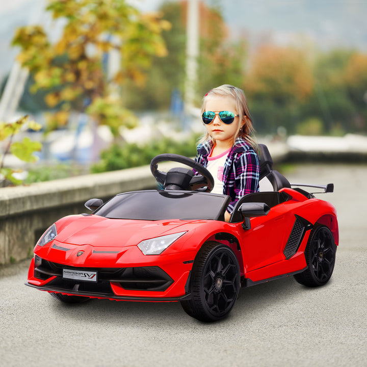 Elektrisk børnebil, Lamborghini Aventador med licens, mågevingedøre, musik, horn, til 3-5 år, rød