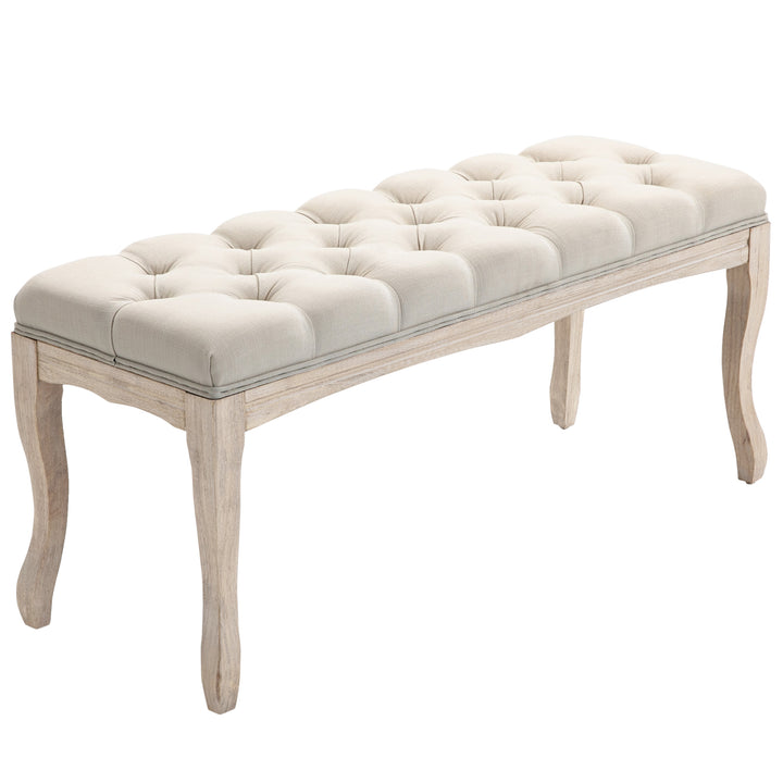 Polstret bænk med linnedbetræk, sengebænk med træramme, skobænk til soveværelse, stue, entre, 110 x 40 x 48 cm, beige