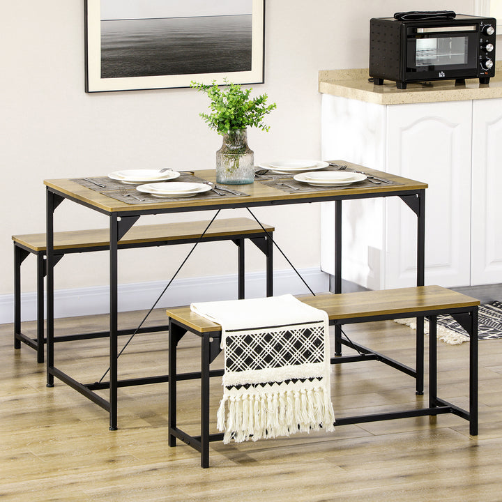 Spisesæt 4 personer spisebord med 2 bænke, industrielt design, 120 cm x 70 cm x 75 cm, sort + natur