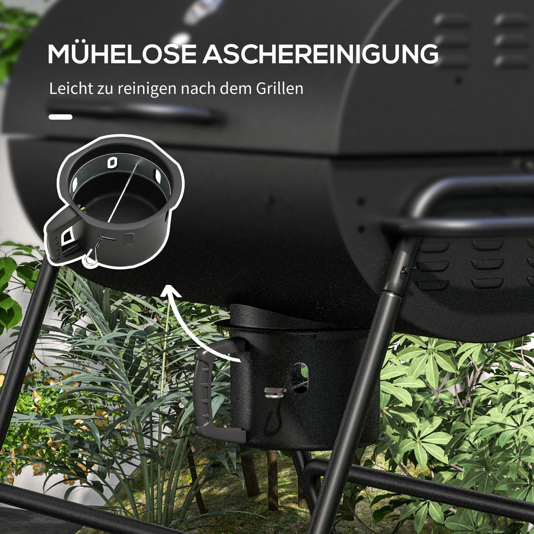 Metalkulgrill BBQ-ryger med låg, termometer, hjul, grillvogn, 95x71,5x102 cm, sort