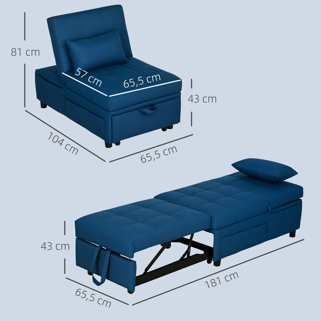 3-I-1 klapstol med sidelomme, gæsteseng med pude, justerbar ryglæn, sengestol med hjul, blå
