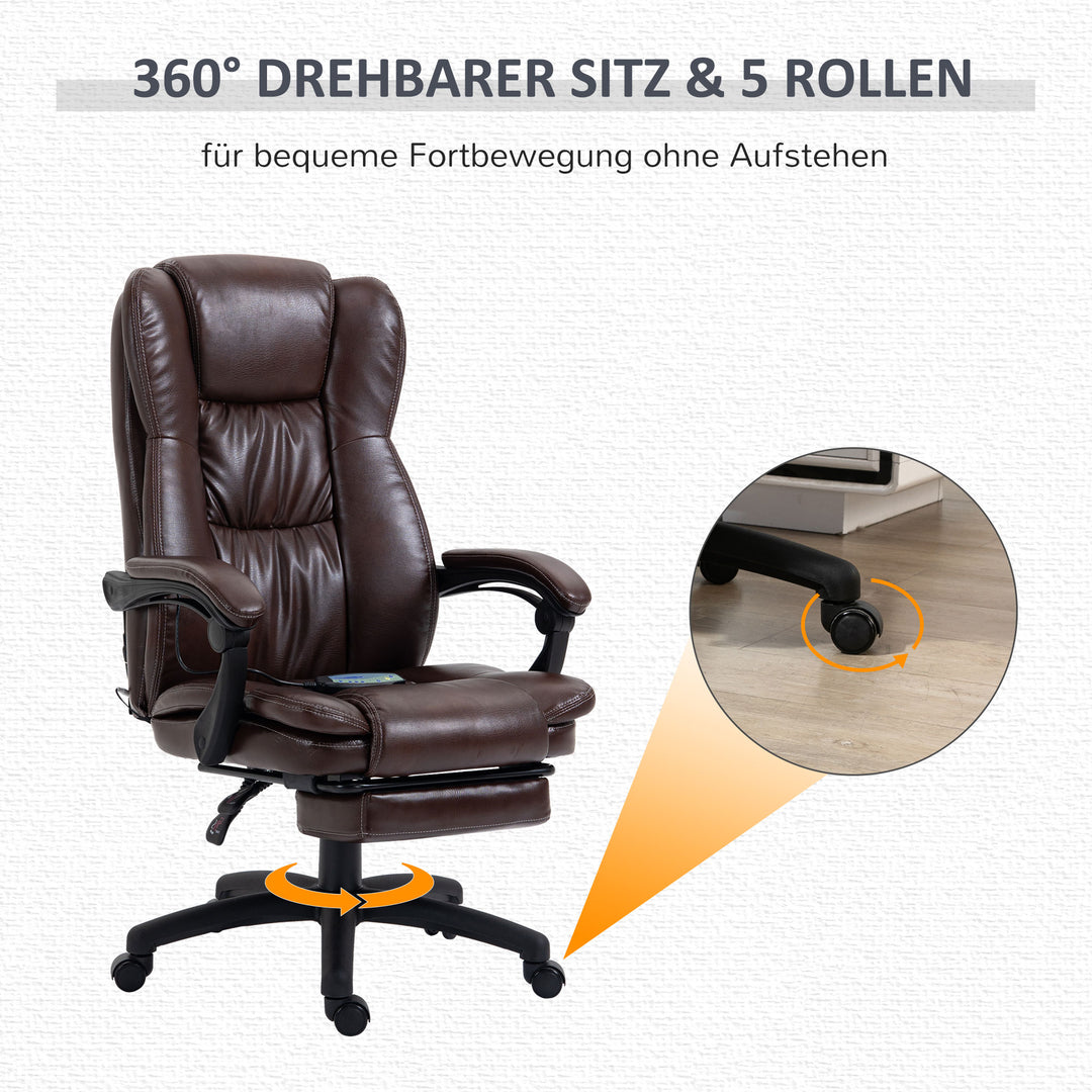 Justerbar drejestol med fodstøtte, nakkestøtte, massagefunktion, kunstlæder, 68,5 x 68,5 x 113-121 cm, brun