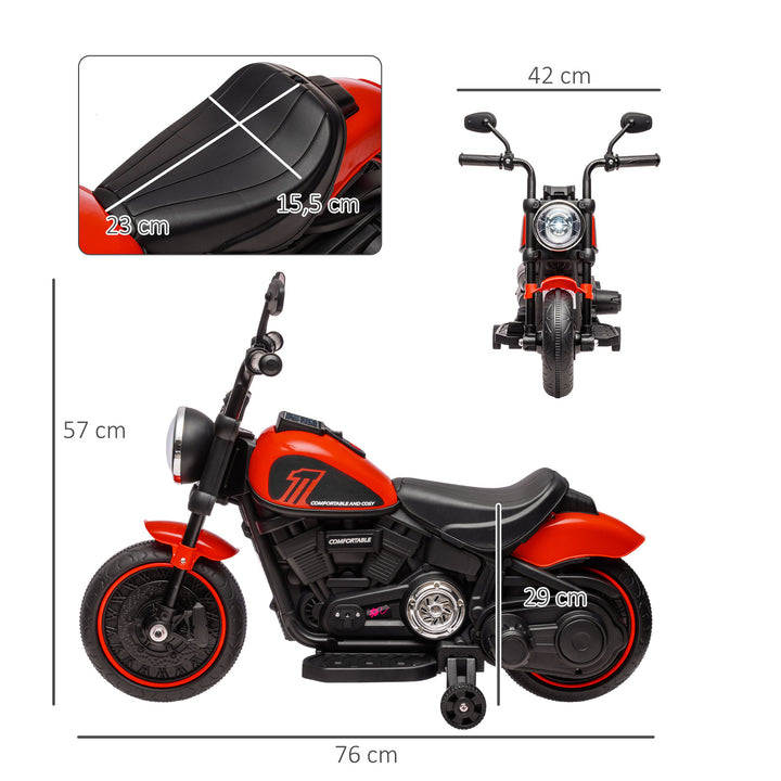 Elektrisk børnemotorcykel med forlygte, aftagelige støttehjul, 76x42x57 cm, rød/sort