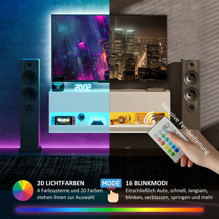 Tv-skab med led-belysning, 16 blinkende tilstande, vægmonteret tv-skab, åbne hylder, 120 x 35 x 40,5 cm, hvid