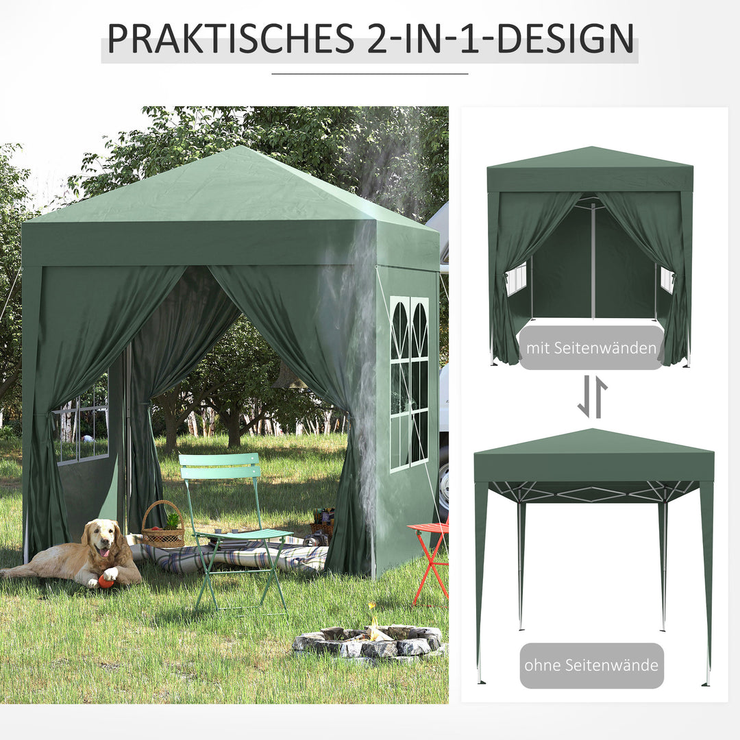 Foldbart pavillon, øltelt, 4 aftagelige sidepaneler, 2 vinduer, metalramme, 2 x 2m, mørkegrøn