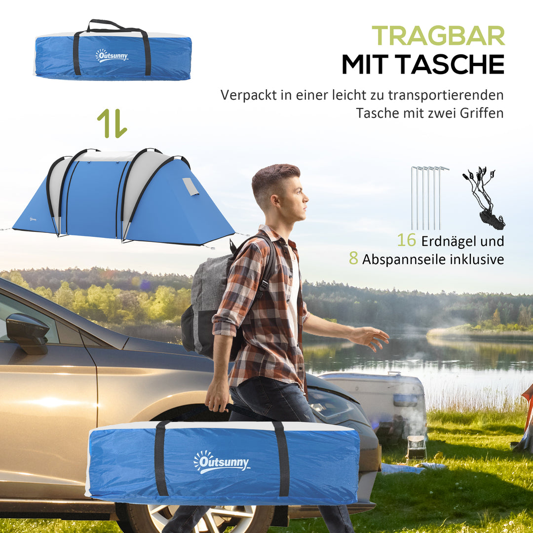 Campingtelt til 4-5 personer, let vandafvisende, familietelt med 3 værelser, sidedør, vindue, blå