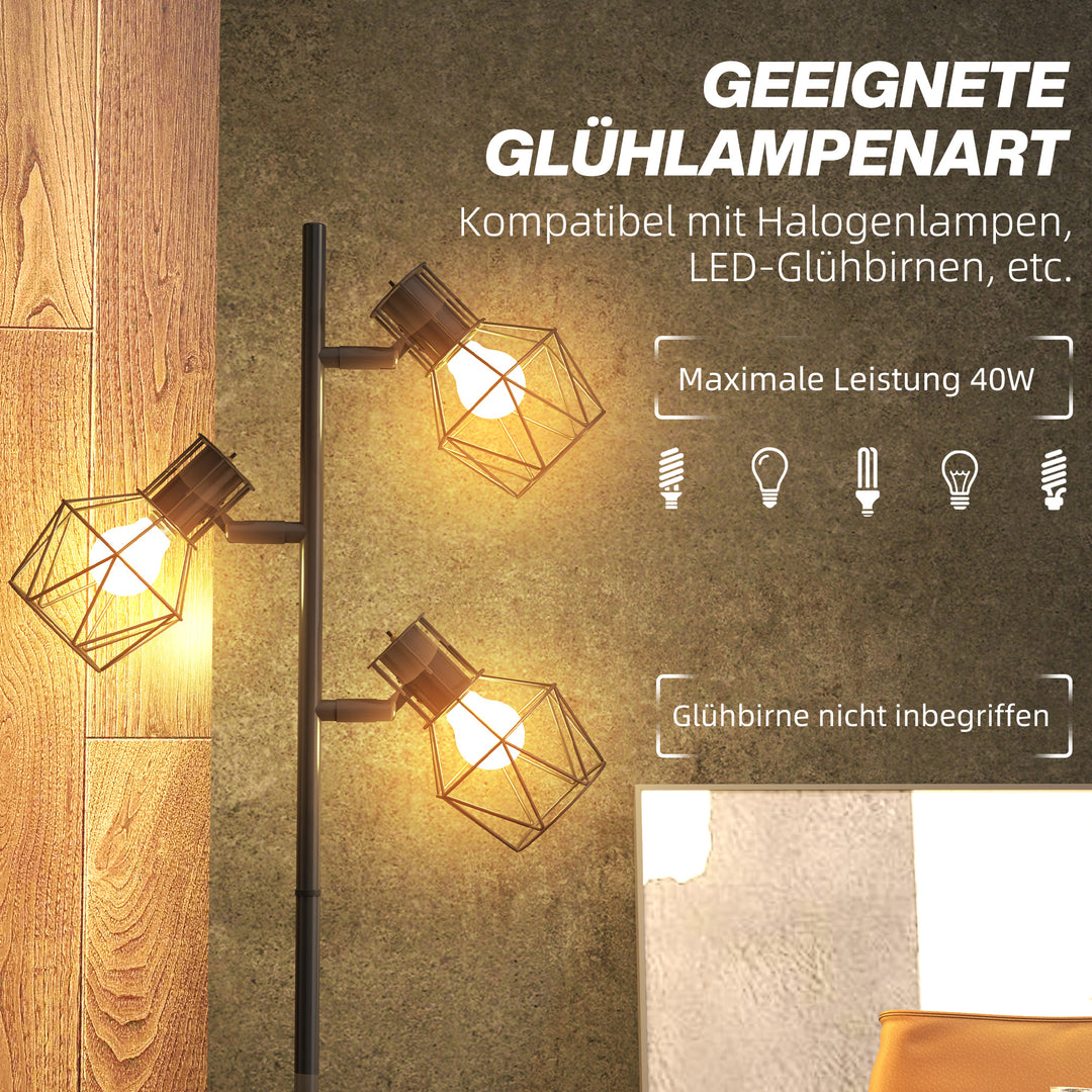 Gulvlampe med 3 lyskilder og fleksible lyselementer, trælignende struktur, til stue og soveværelse, metal, sort