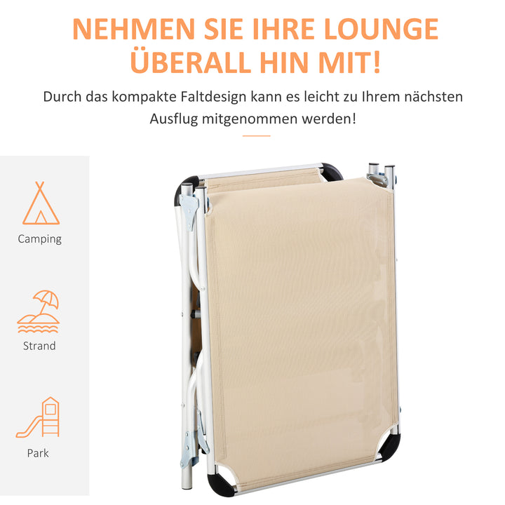 Foldbar liggestol med nakkestøtte, ergonomisk liggestol med 4-niveau justerbar ryglæn, lavet af aluminium, lasteevne op til 120 kg, til have, terrasse, pool, strand, beige