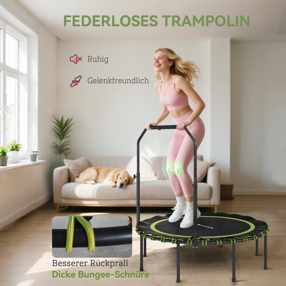 Fitnesstrampolin med justerbart gelænder, sportstrampolin til indendørs og udendørs brug, stål, plastik, grøn