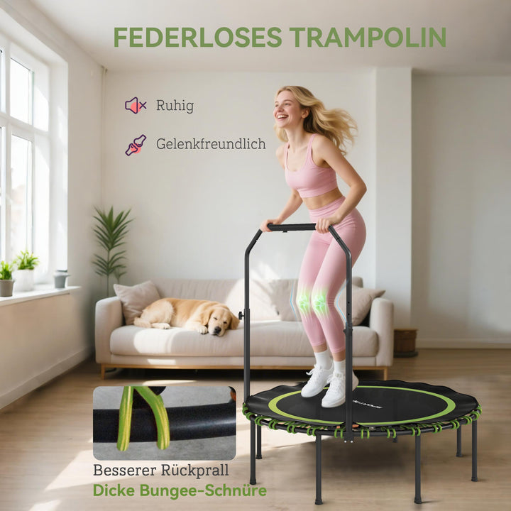 Fitnesstrampolin med justerbart gelænder, sportstrampolin til indendørs og udendørs brug, stål, plastik, grøn