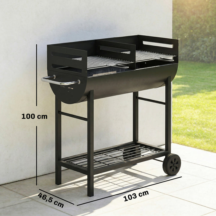 Kulgrillvogn med 2 grillzoner, højdejusterbar grillrist, træhylde, hjul, sidehåndtag, 103 x 46,5 x 100 cm