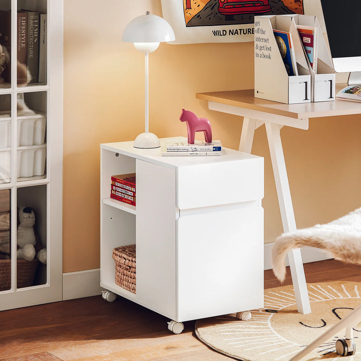 Kontorskab på hjul til printer med skuffer og rum, 58 x 35 x 59 cm, hvid