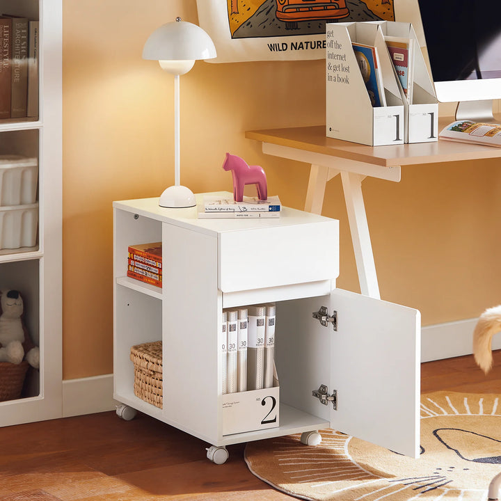 Kontorskab på hjul til printer med skuffer og rum, 58 x 35 x 59 cm, hvid