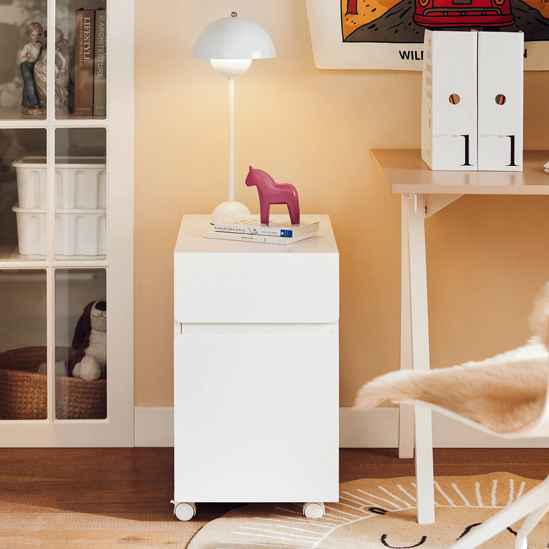 Kontorskab på hjul til printer med skuffer og rum, 58 x 35 x 59 cm, hvid