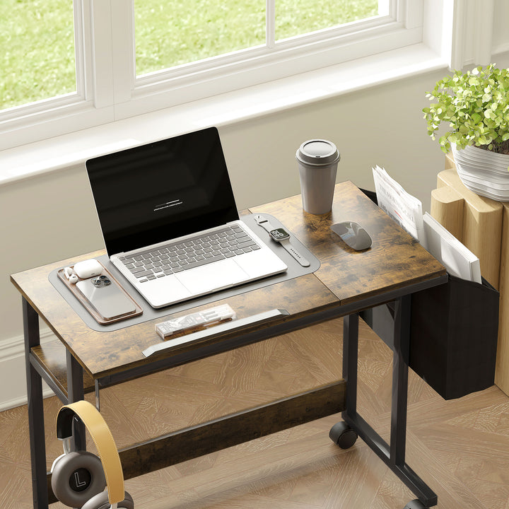 Højdejusterbart hævebord med vipbar bordplade, hjul, opbevaringshylde, til skrivning, læsning, tegning, brun