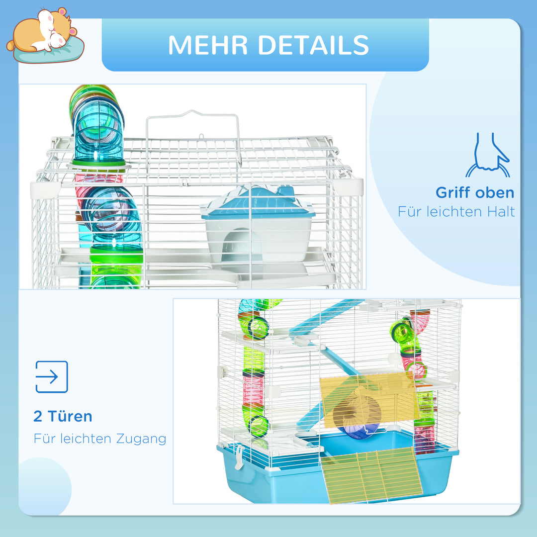 Bur til små dyr med rampe og træningshjul, bur med 5 niveauer, gnaverbur til små kæledyr, foderskål, drikkeflaske, ståltråd, plastik ps, lyseblå + hvid, 59 x 36 x 69 cm