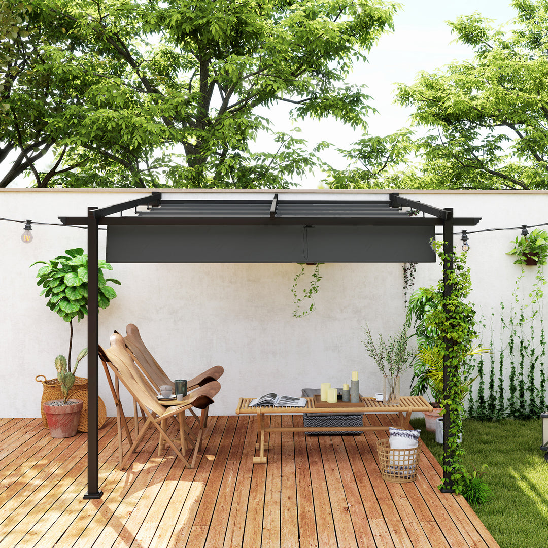 Pavillon, 3 x 3 m pergola, vindtæt terrassetag, vægmonteret, justerbart tag, til have, terrasse, mørkegrå