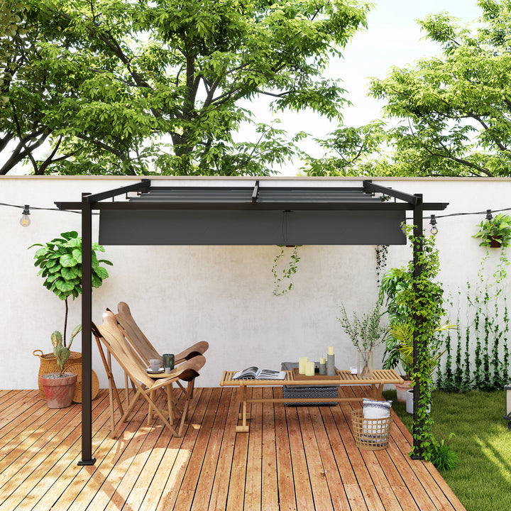 Pavillon, 3 x 3 m pergola, vindtæt terrassetag, vægmonteret, justerbart tag, til have, terrasse, mørkegrå