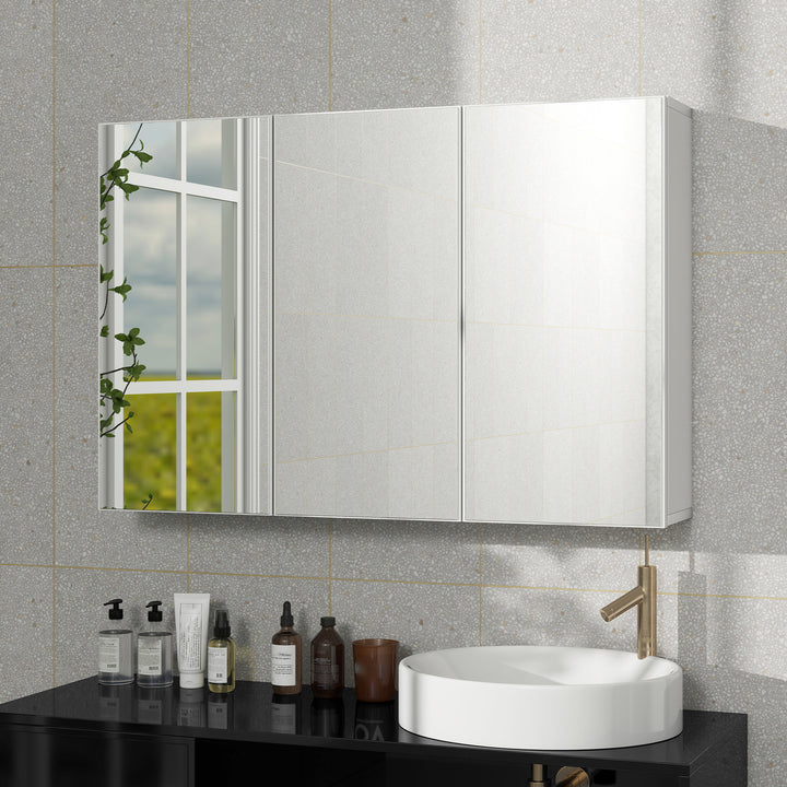 Spejlskab til badeværelse, badeværelsesskab med 3 spejldøre, vægmonteret, 90 x 15,5 x 60 cm, spånplade, hvid