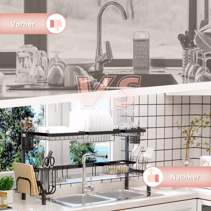 Opvaskestativ, 2-lags opvaskestativ med kroge, tallerkenhylde, tilbehør, 100 cm stål, sort