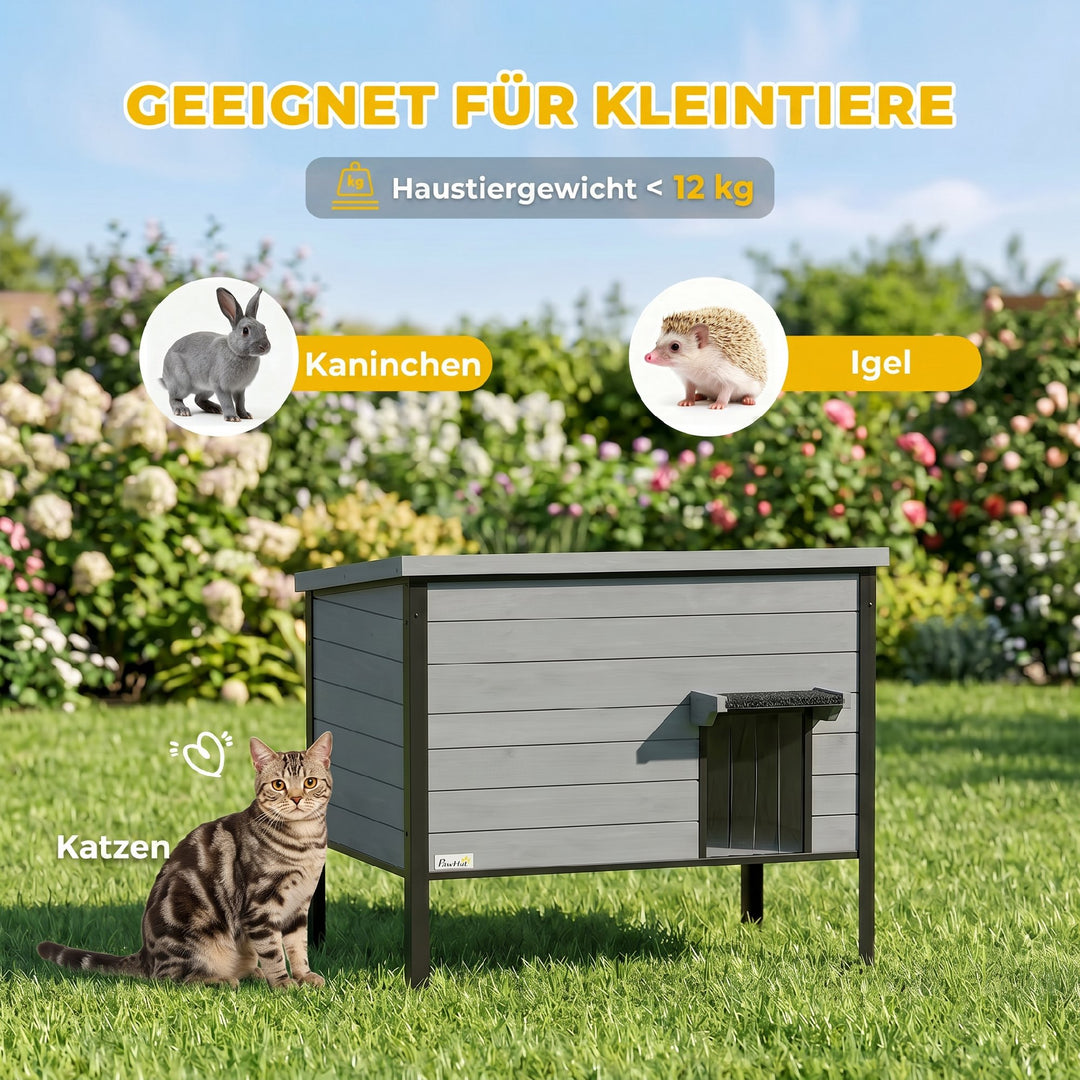 Vejrbestandigt kattehus med hængslet tag, aftageligt gulv, indgang til 1-2 katte op til 12 kg, 85x55x70 cm, lysegrå