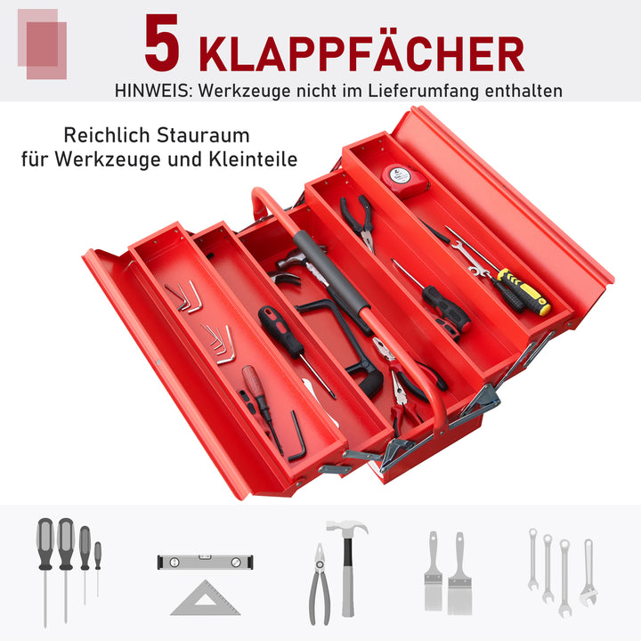 Værktøjskuffert værktøjskasse 5 rum foldbar stål (spcc) rød 56 x 20 x 41 cm