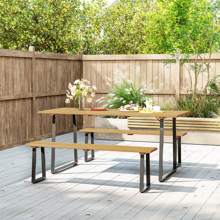 3-Delt træspisesæt til 6 personer, spisebord med 2 bænke, parasolhul, træbord, 178 x 76 x 77 cm, naturtræ