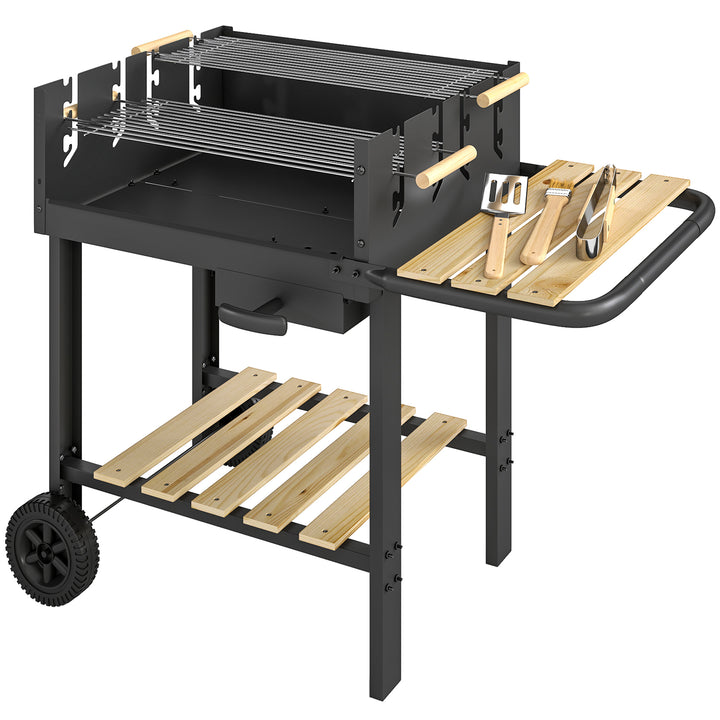 Kulgrillvogn med 4-positioners højdejusterbar grillrist, 2 træhylder, 2 hjul, askebeholder, 99,5 x 58 x 82 cm