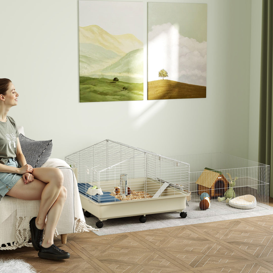 Bur til små dyr, balkon, rampe, fodertrug, vandflaske, 2-etagers design, hvid